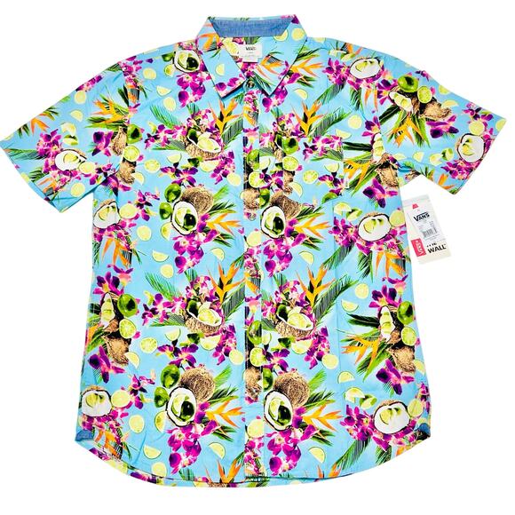 Vans Corley Button Up Shirt Large Blue Tropical Limes Coconuts Palms Hawaiian - Picture 1 of 8
